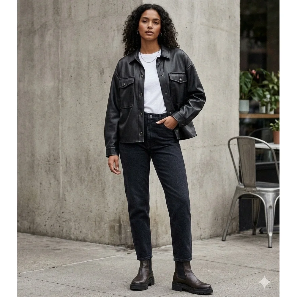 Zara Faux Leather Overshirt Jacket Button Front Pockets Super Soft Black Small